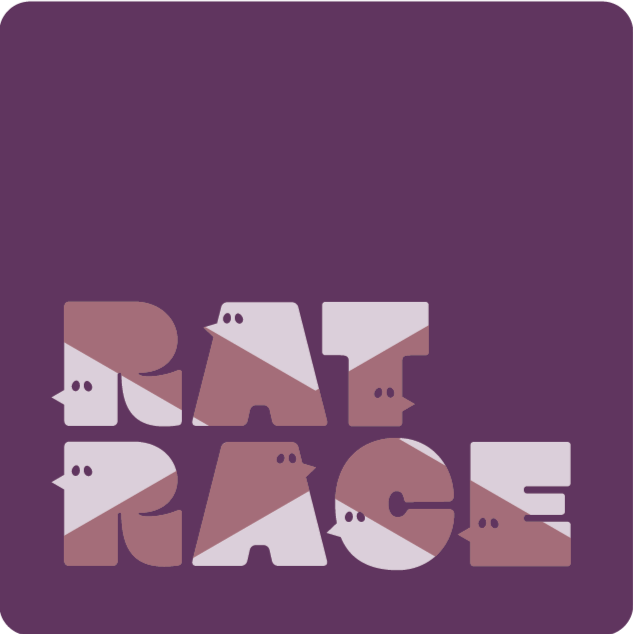 Stylized text spelling 'RAT RACE' with letters made of simplified chicken shapes, forming the letters on a purple background.