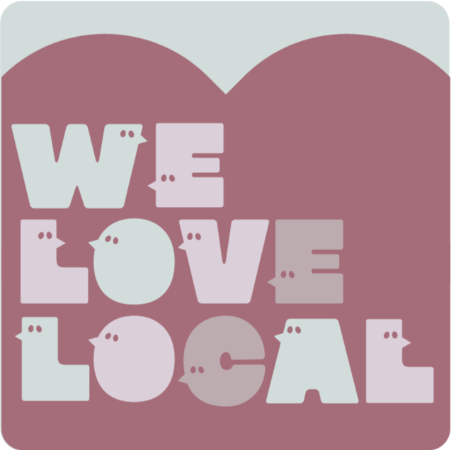 Typography artwork with the words 'We Love Local' in pastel colours with letters made of simplified chicken shapes, set against a pink heart background.