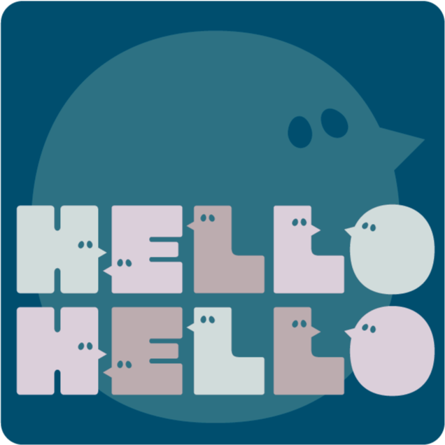 Graphic with the words 'HELLO' with letters made of simplified chicken shapes, with a large bird silhouette in the background.