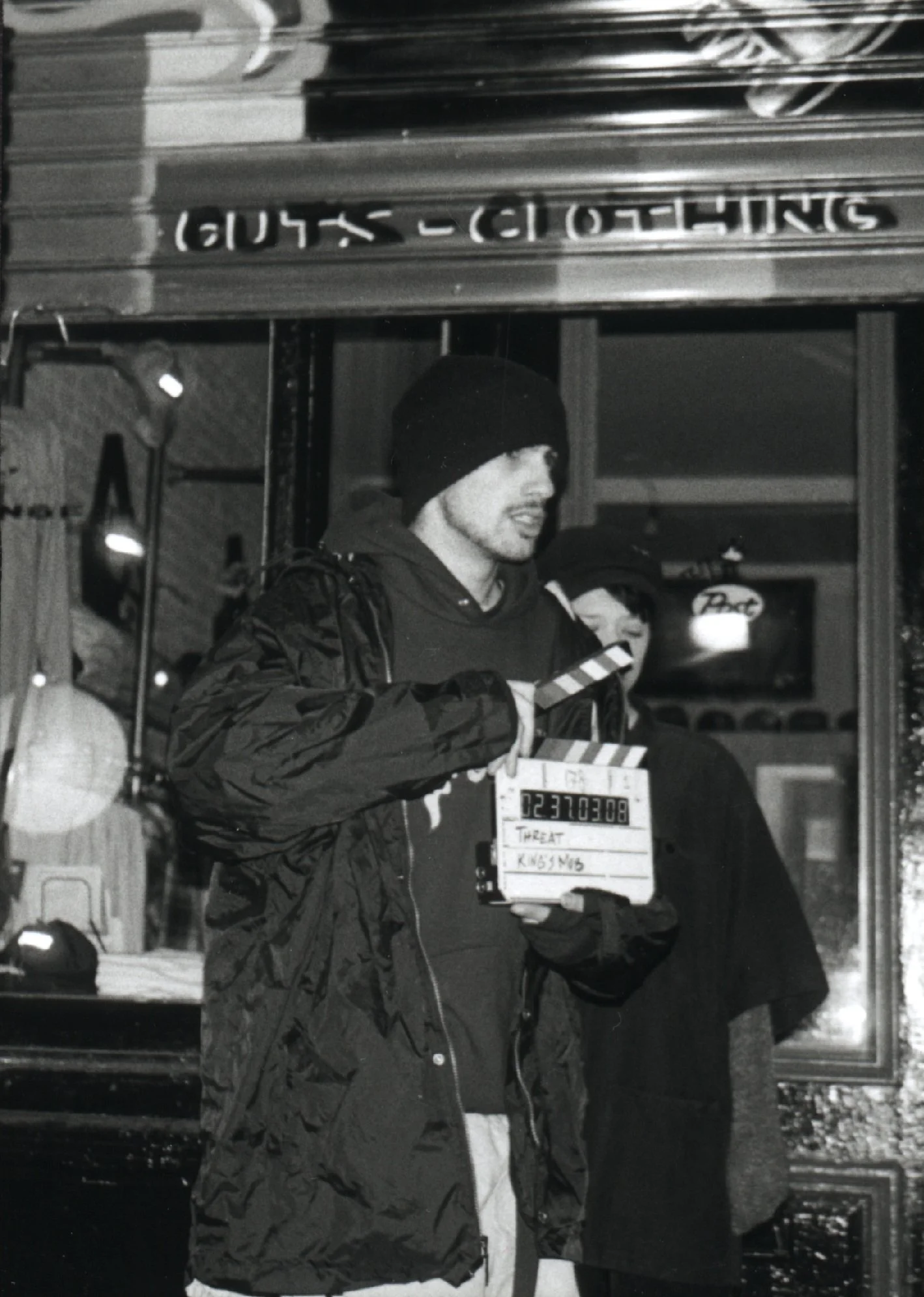 Independent filmmaker Matt Pizzolo with slate on set of late-90s NYC indie movie 'Threat'.