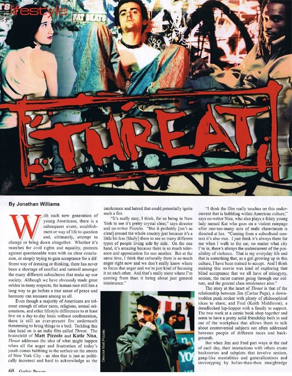 Gothic Beauty Magazine article about goth movie hardcore punk movie independent film 'Threat' director Matt Pizzolo producer Katie Nisa page 1