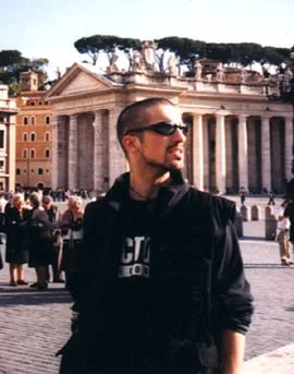 Independent punk filmmaker Matt Pizzolo on screening tour for indie movie 'Threat' in front of the ancient Roman Pantheon in Rome, Italy.