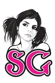 Black and white illustration of a woman with dark hair styled in pigtails, with