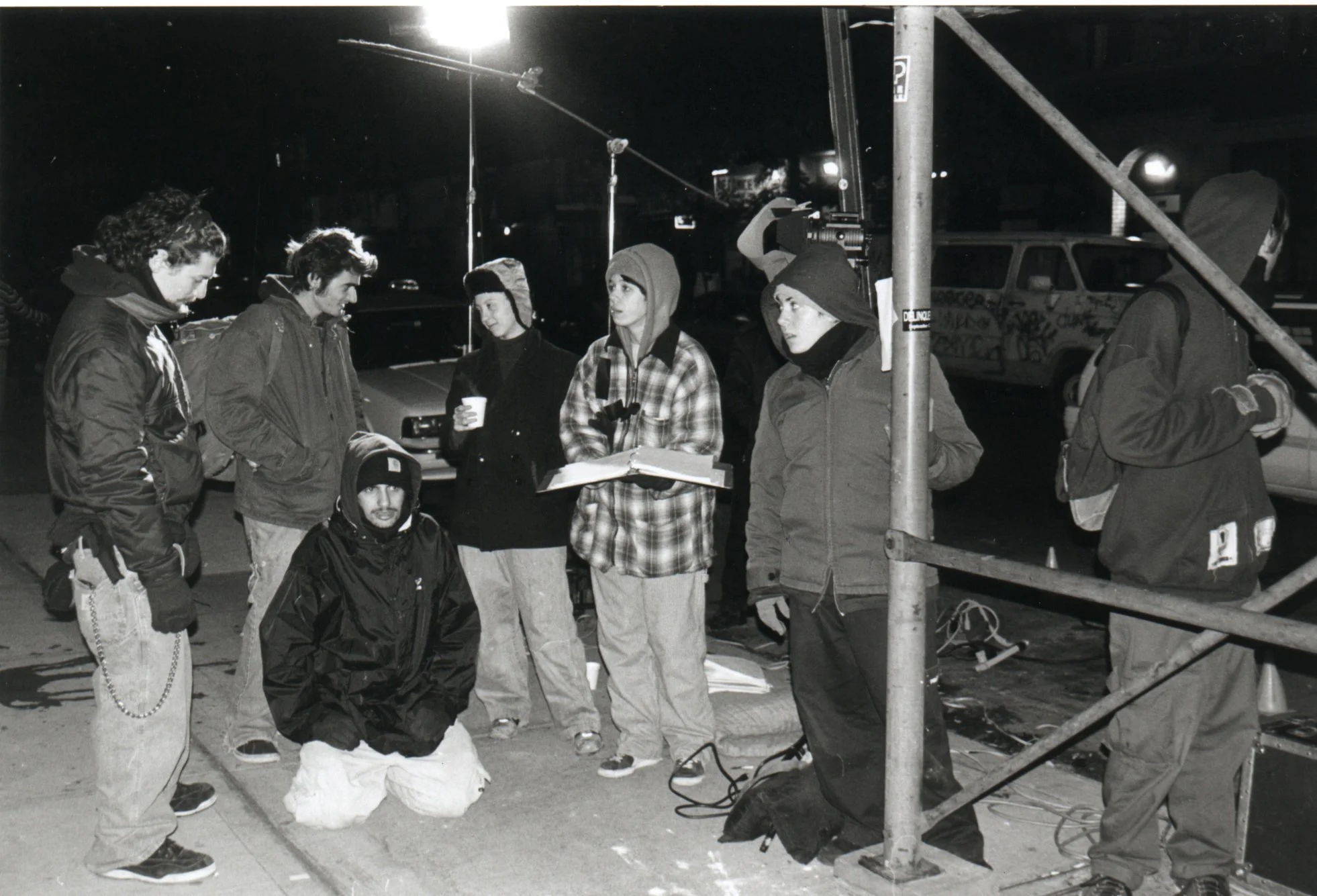 Independent filmmakers film students NYU Tisch on set of indie punk movie 'Threat' in 1990s New York City