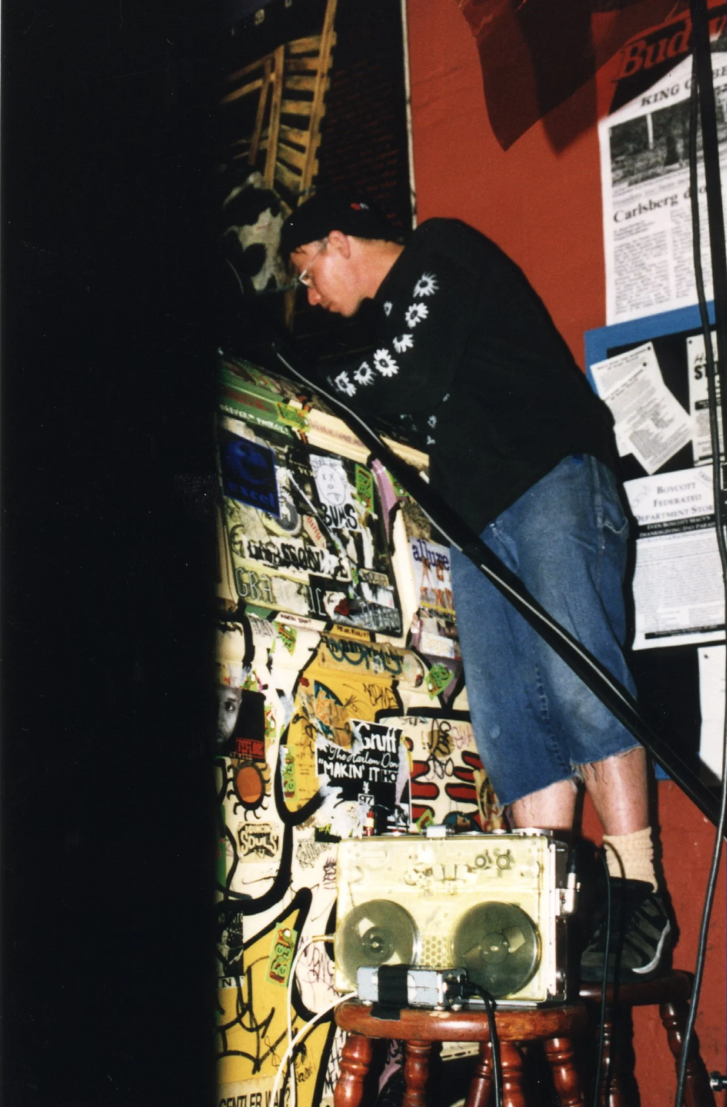 Independent film sound engineer with boom and nagra on set of indie punk movie 'Threat' at Wetlands Preserve club in late-90s NYC.