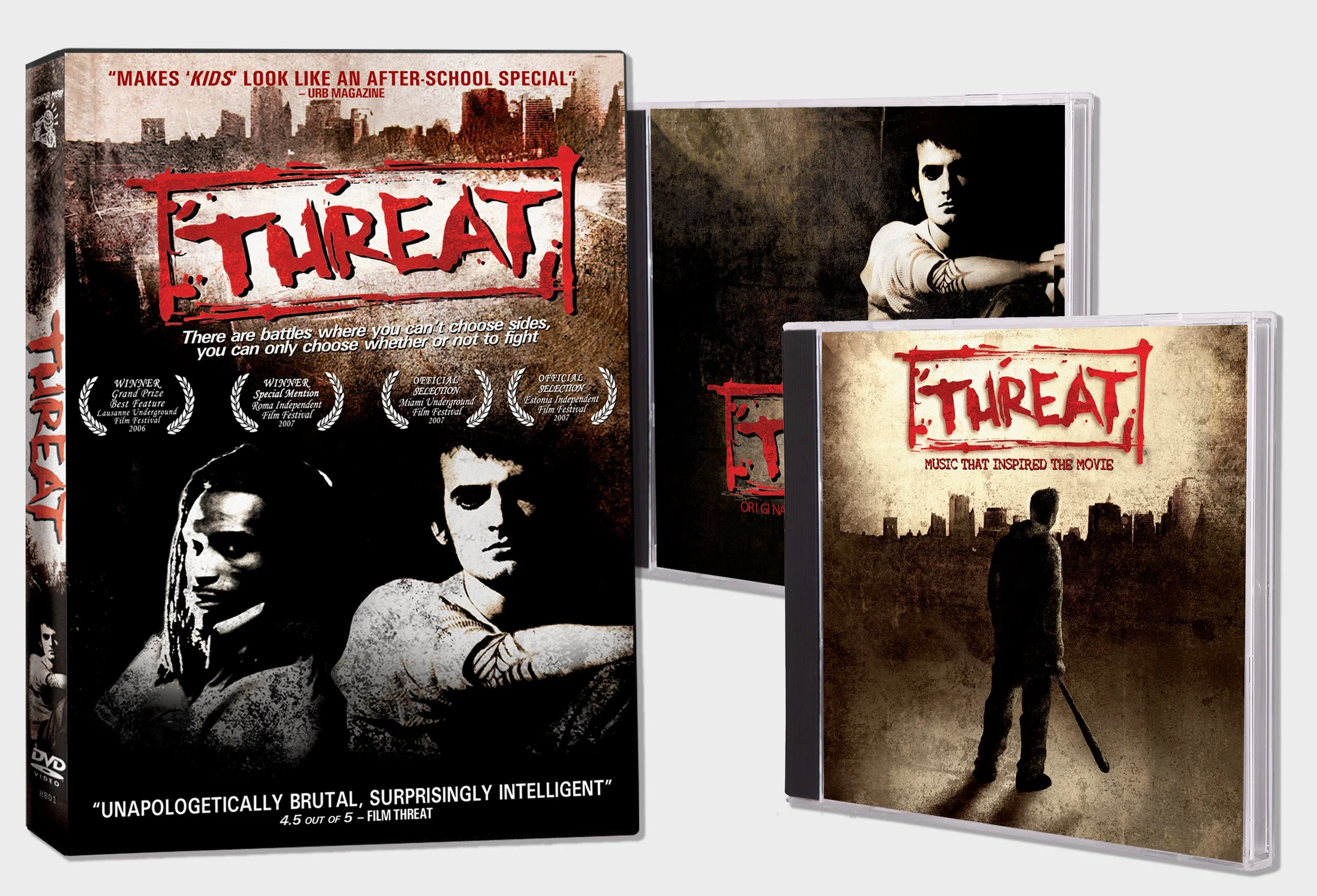 DVD, poster, and soundtrack art for independent punk hip hop movie 'Threat,' directed by Matt Pizzolo produced by Katie Nisa.