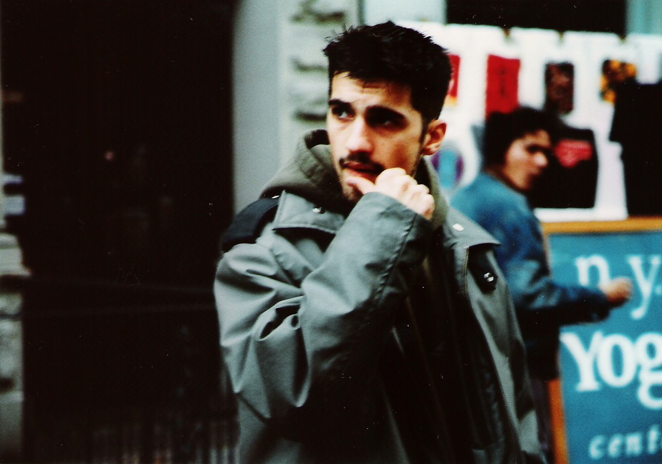 Independent filmmaker Matt Pizzolo on set of indie movie 'Threat' in late-90s NYC East Village on St. Mark's Place.