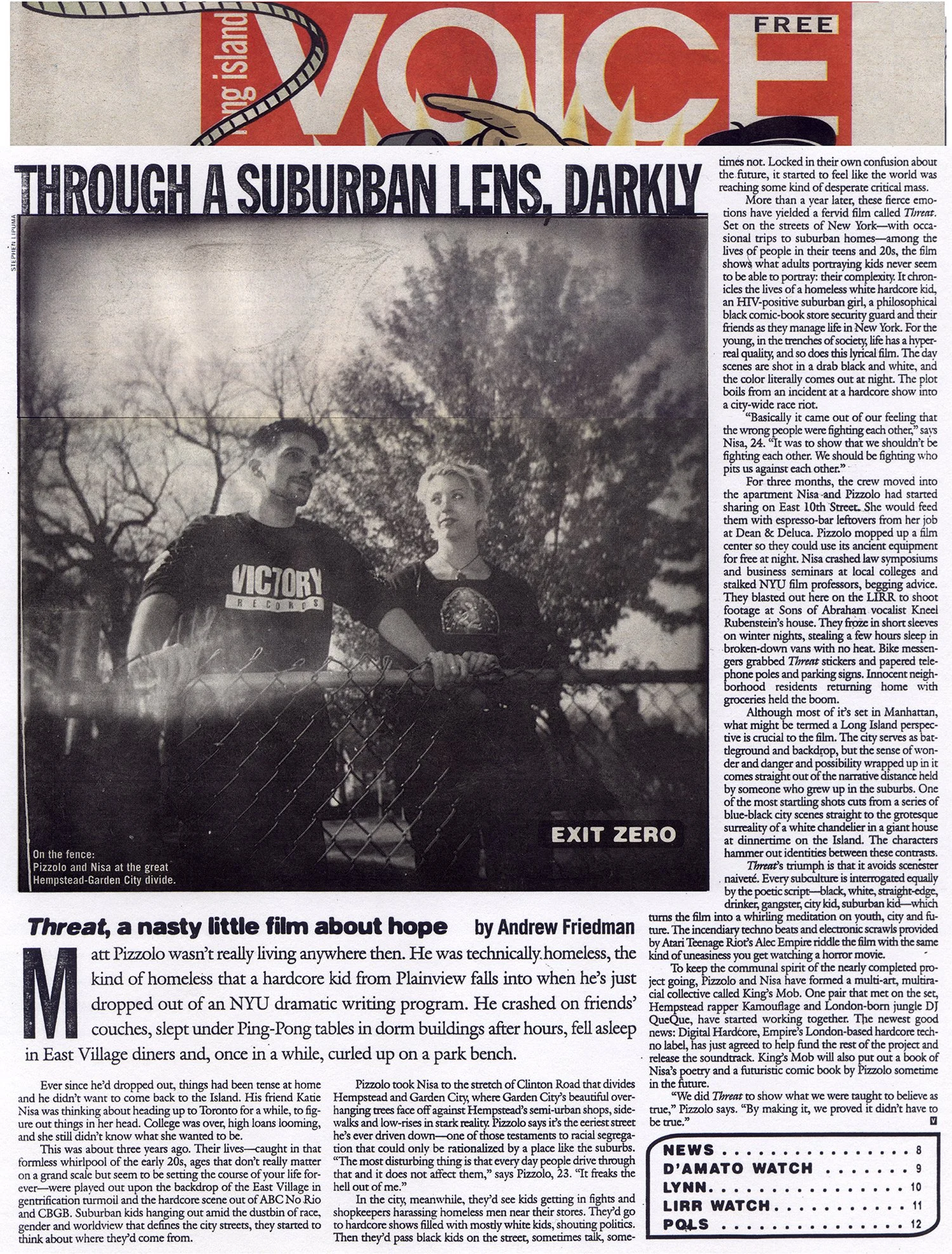 News article about 1990s Long Island independent film punk movie 'Threat' NYU Tisch producer Katie Nisa and hardcore punk director Matt Pizzolo