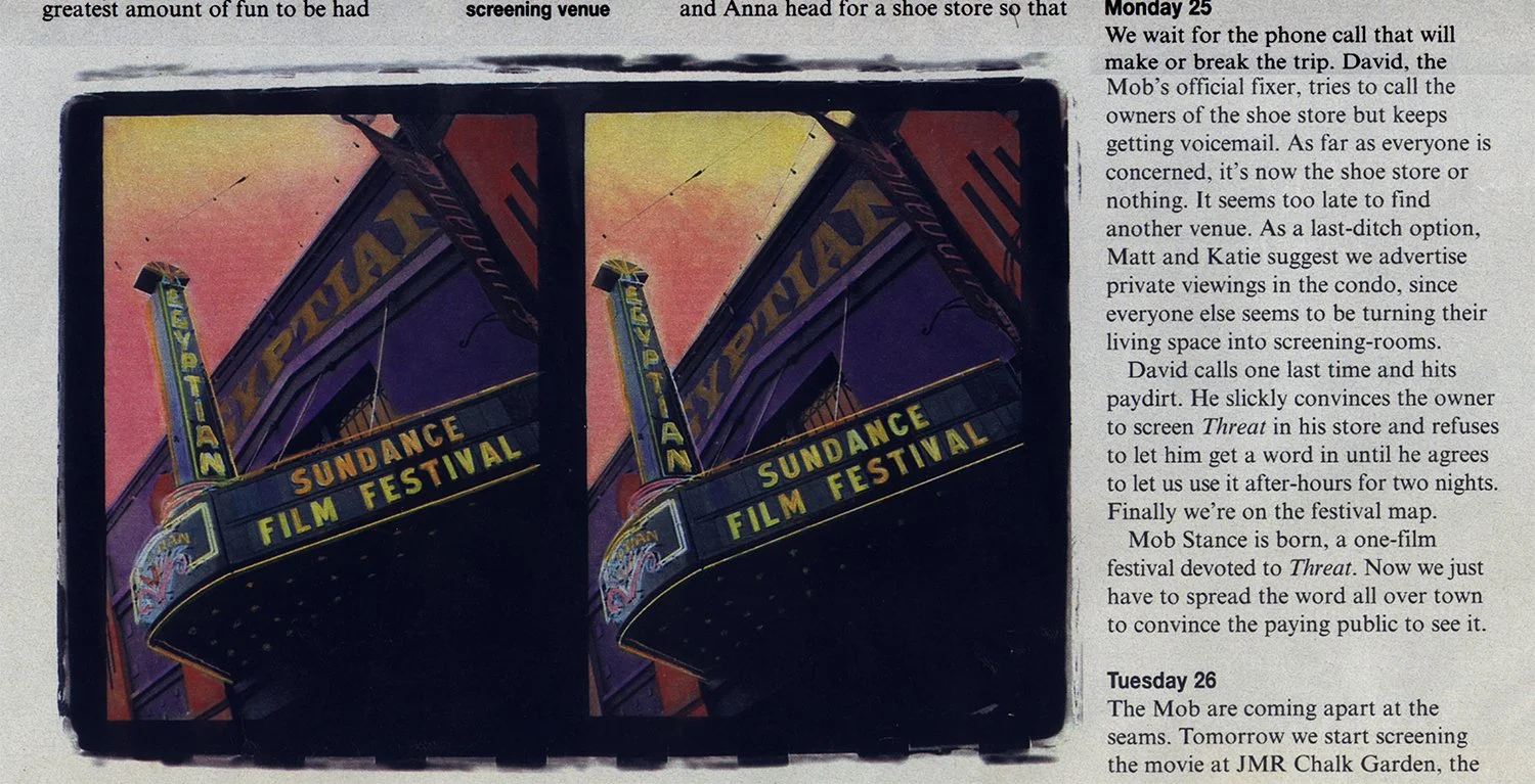 Daily Telegraph Saturday Magazine article about indie filmmakers punk movie 'Threat' at Sundance Film Festival 1999 director Matt Pizzolo producer Katie Nisa page 2