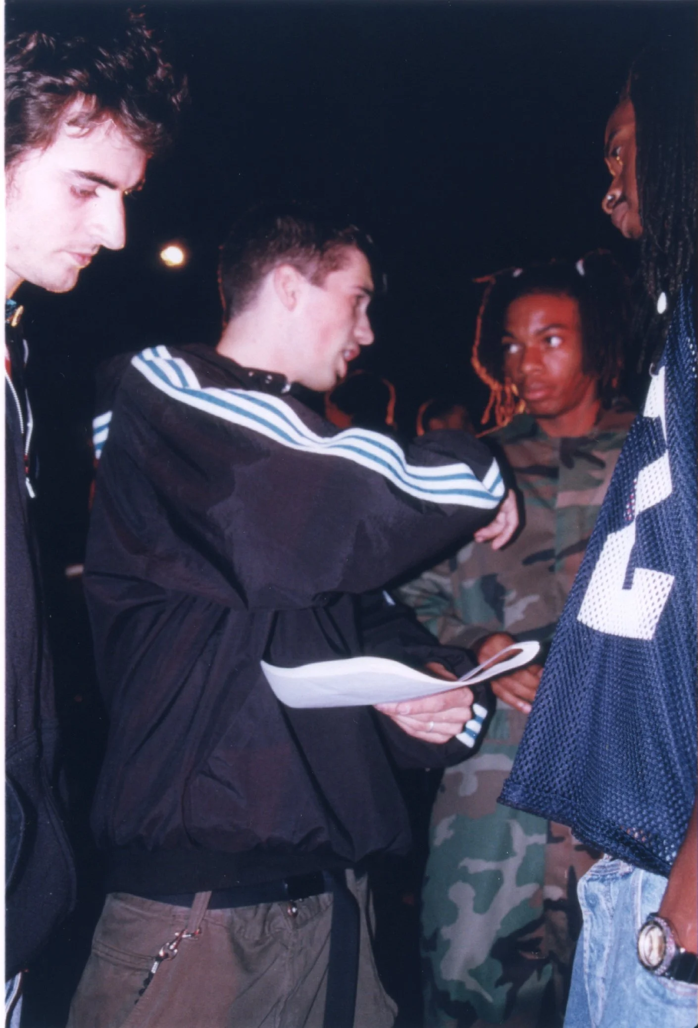 Independent filmmaker Matt Pizzolo directs actor / rapper Kamouflage during production of late-90s NYC indie movie 'Threat'.