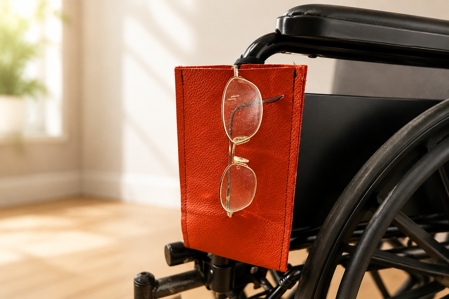 A pair of eyeglasses hanging on a red textured folder attached to the side of a wheelchair.