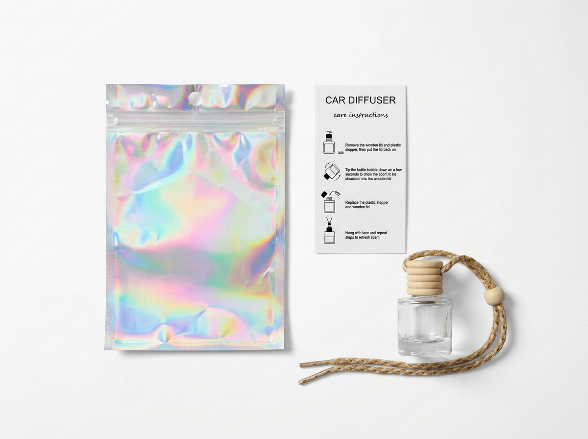 Holographic resealable bag, car diffuser care instructions, small glass bottle with wooden lid and fabric strap, and white background.