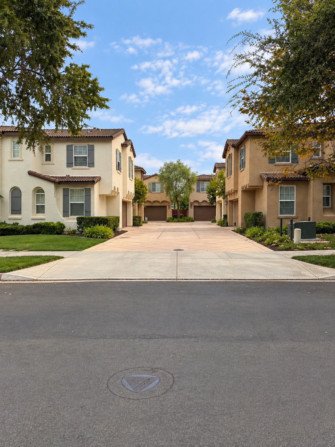 View of a suburban residential area with two houses on each side of a driveway leading to garages, surrounded by trees, bushes, and a clear blue sky with a few scattered clouds.