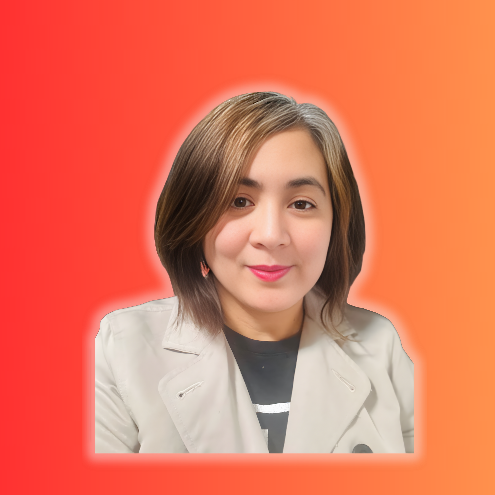 A woman with shoulder-length brown hair wearing a white blazer and a black and white striped shirt, smiling with a colorful red and orange gradient background.