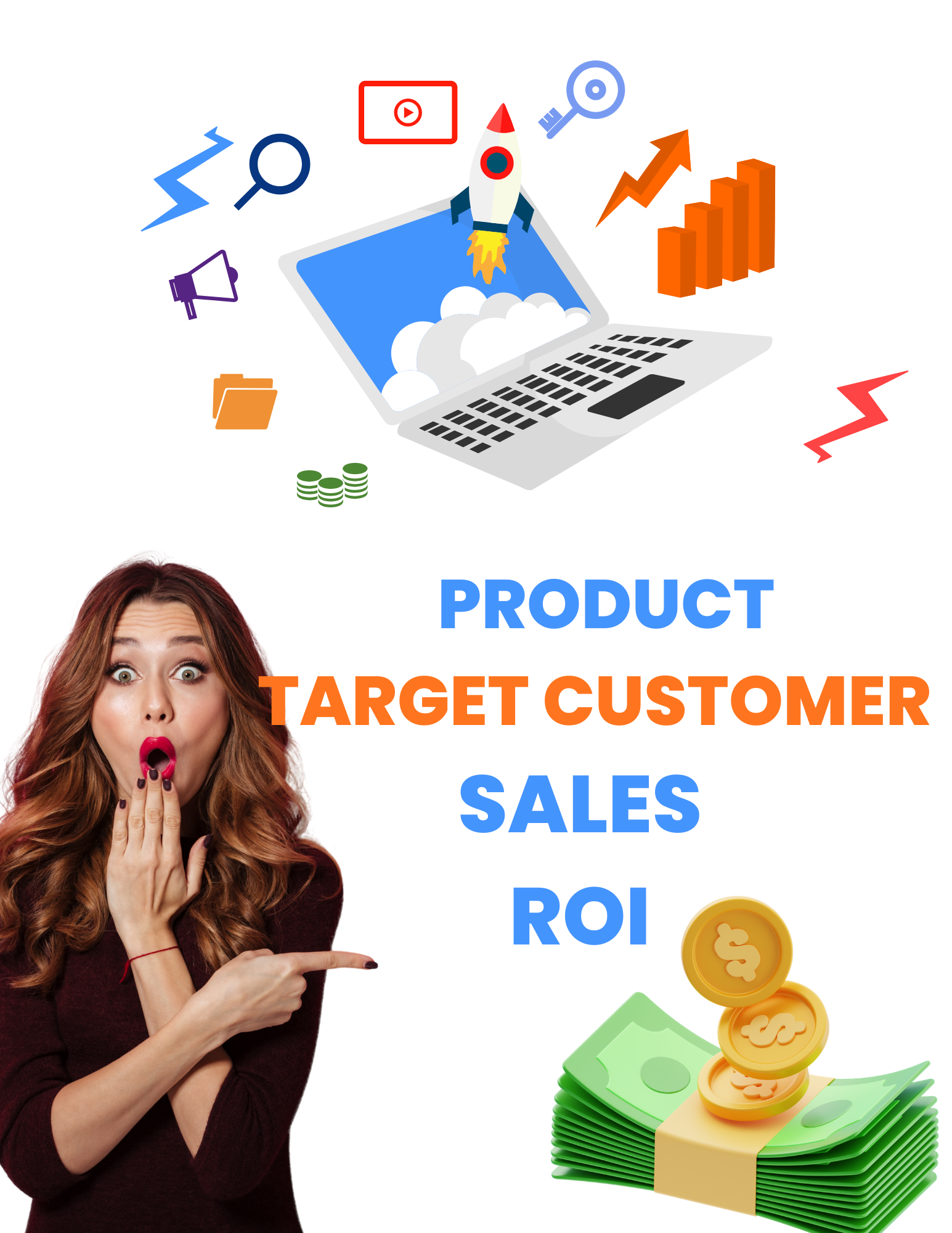 A woman with long, wavy red hair making an surprised facial expression, pointing with her right index finger at the words 'Target Customer' and 'Sales' on a white background. Surrounding her are various business and marketing icons including a rocket launching from a laptop, a magnifying glass, a bar chart with an upward arrow, a video play button, a folder, coins and dollar bills.