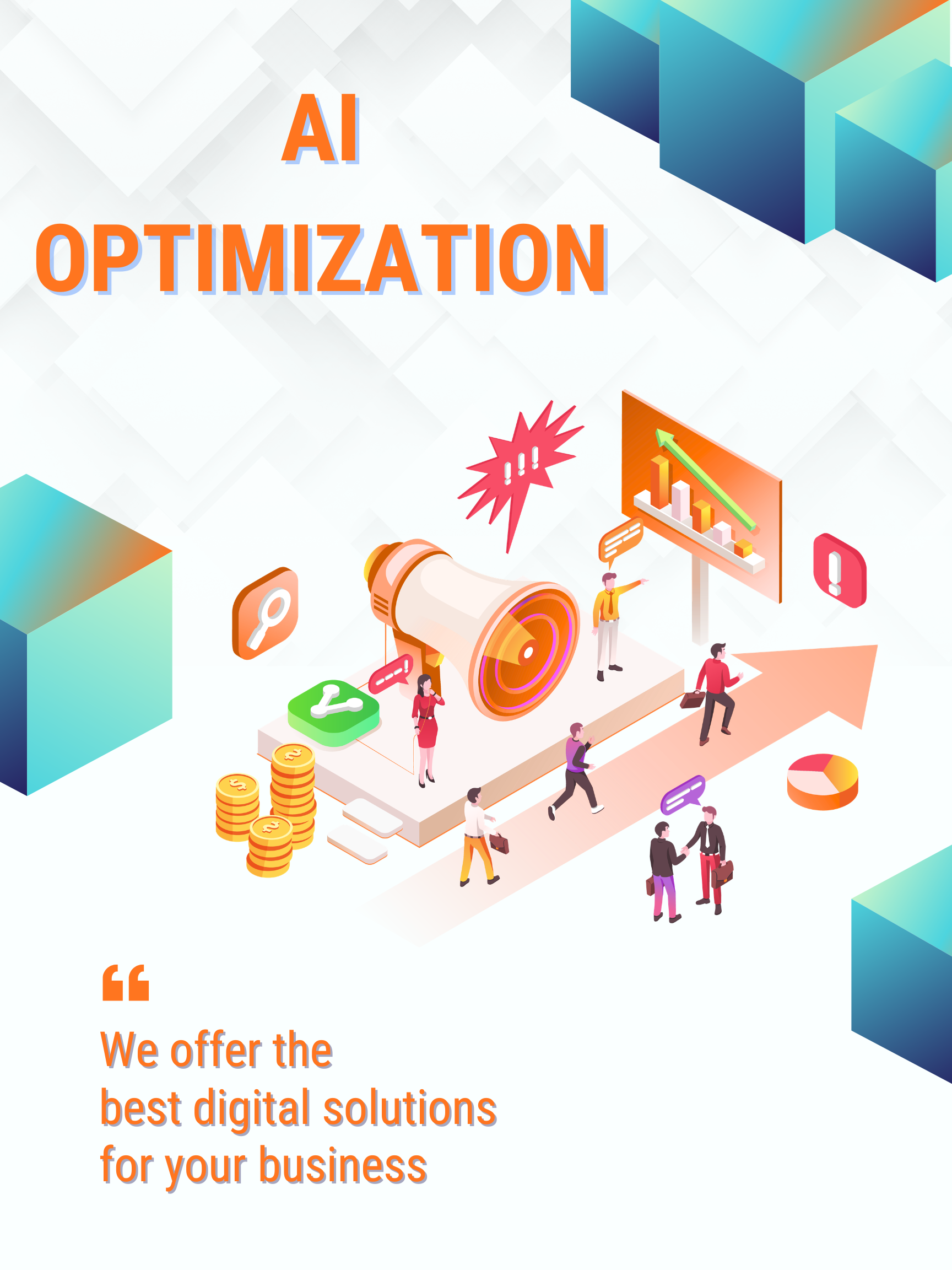 A digital infographic showcasing AI optimization with visuals of charts, people, and icons representing digital technology and business solutions.