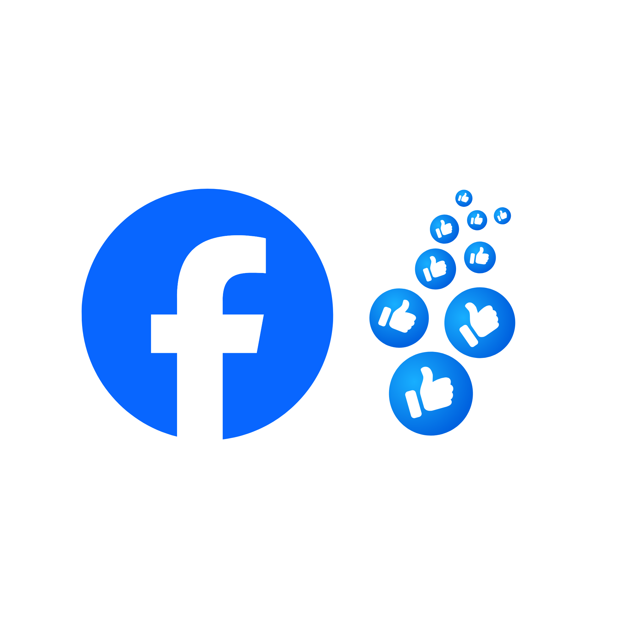 Facebook logo with blue background and a series of thumbs-up symbols surrounding it.