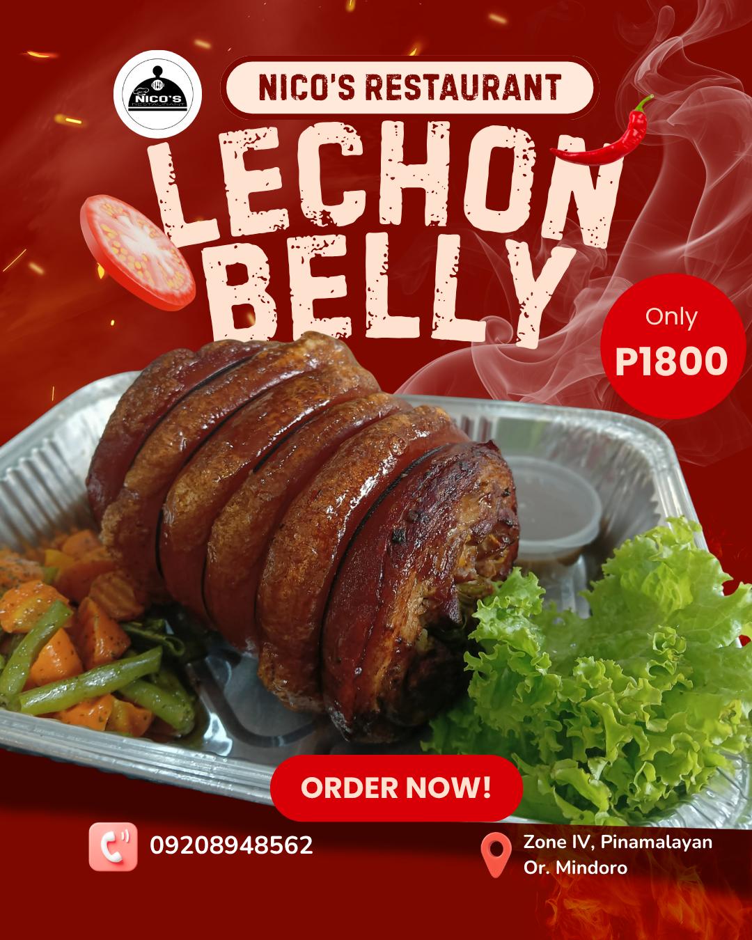 Image of spicy lechon belly on a tray with lettuce, vegetables, and sauce at Nico's Restaurant. Price is 1800 pesos. Includes phone number and address in Pinamalayan, Mindoro.