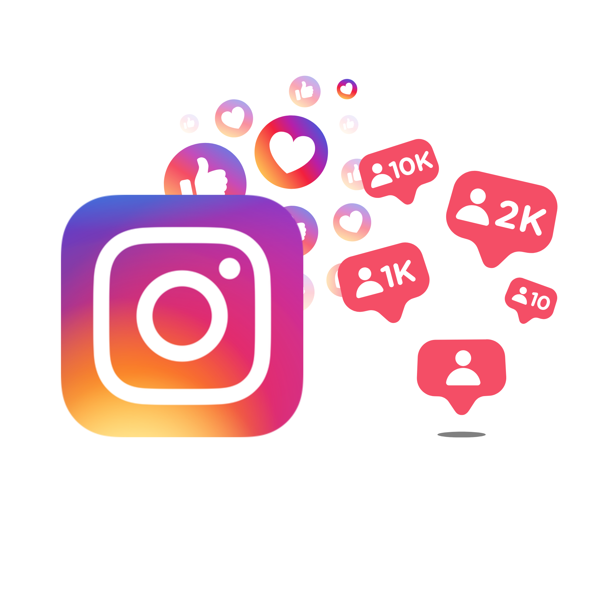 Instagram logo with floating likes and follower icons indicating popularity and engagement.