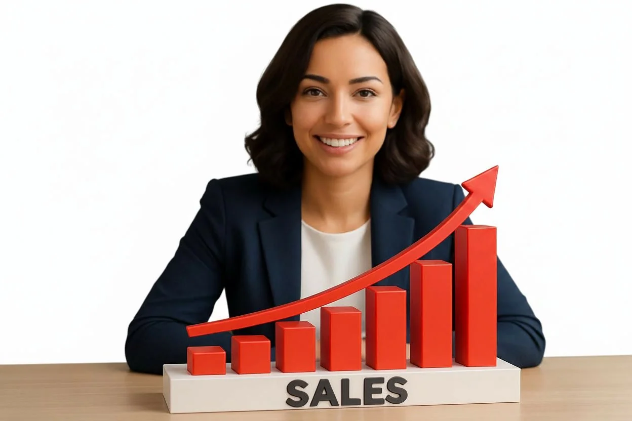 A woman in a business suit sitting at a table with a rising sales chart in front of her.