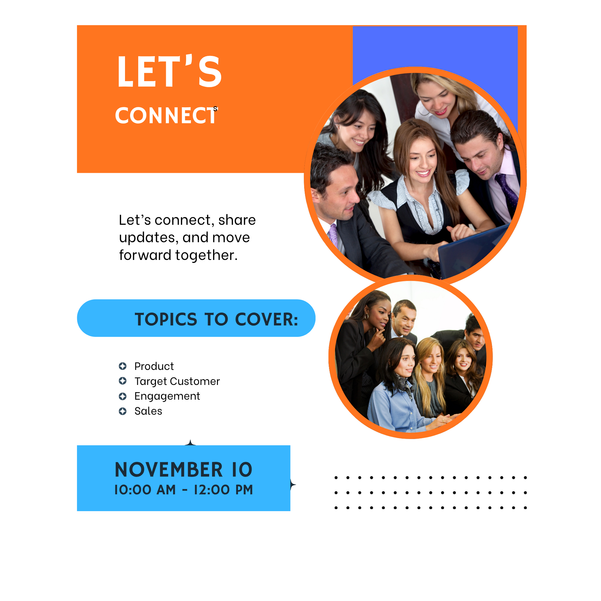 A promotional flyer with bright orange and blue colors, featuring a group of people working together and text about a conference or workshop event.