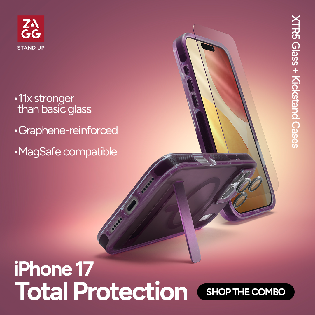 An advertisement for iPhone 17 total protection cases featuring a purple glass and kickstand case. The ad highlights the cases' features such as being 11 times stronger than basic glass, graphene-reinforced, and MagSafe compatible, with a pink gradie