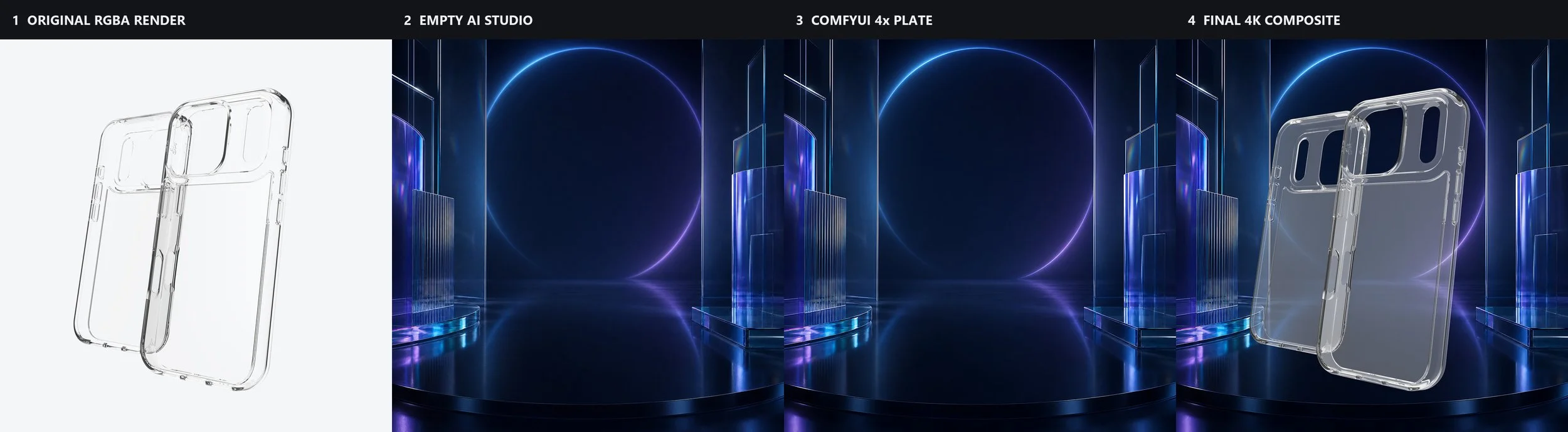 Crystal Palace Lite workflow from original RGBA render through AI-assisted background plate to final 4K composite