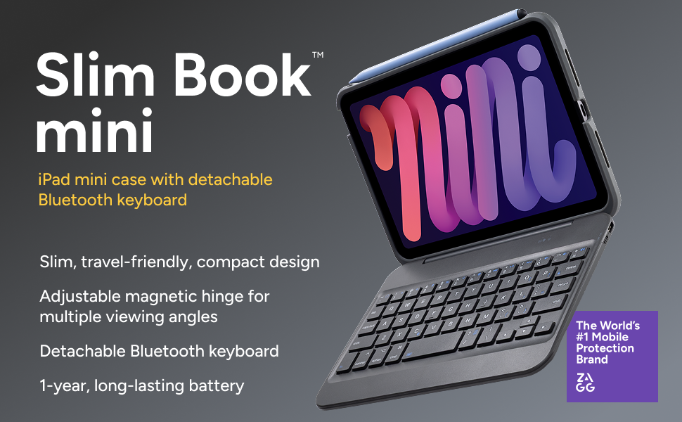 An advertisement for the Slim Book mini, a compact iPad mini case with a detachable Bluetooth keyboard. The device is shown in an open position with a colorful display. The text highlights features such as slim design, adjustable magnetic hinge, deta