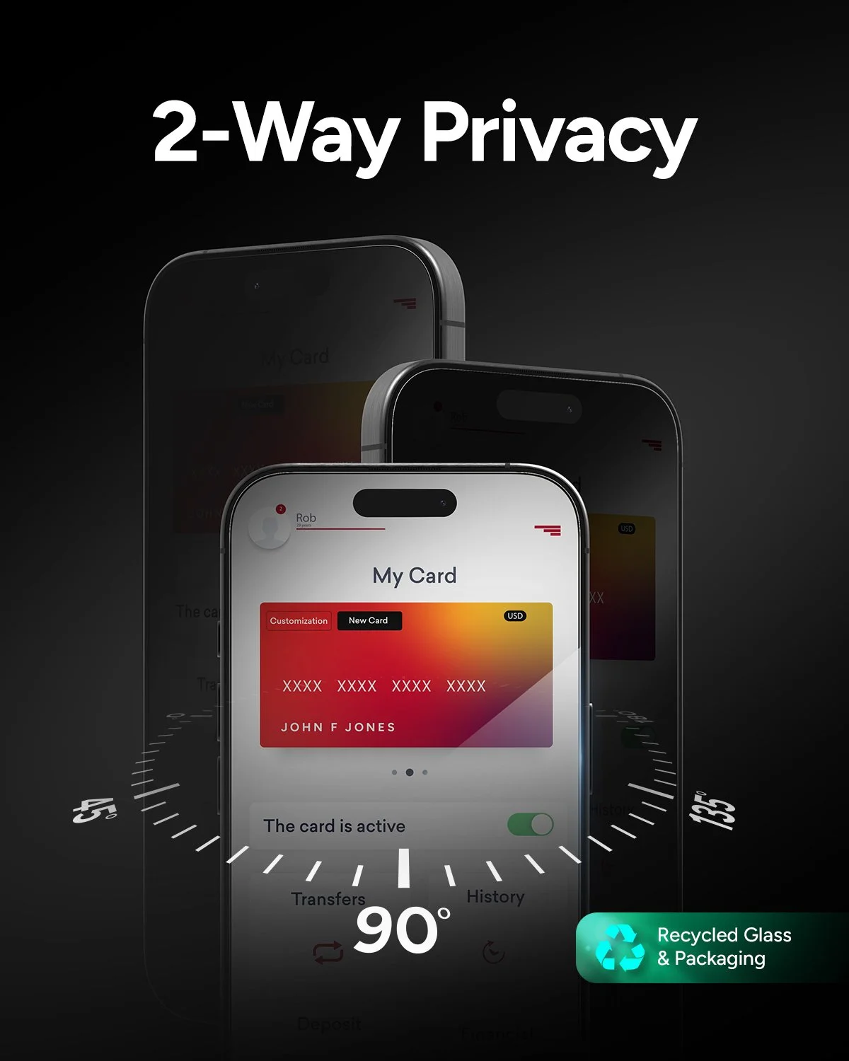 Three smartphones displaying a digital credit card app, with the text "2-Way Privacy" at the top and a recycling icon with "Recycled Glass & Packaging" in the lower right corner.