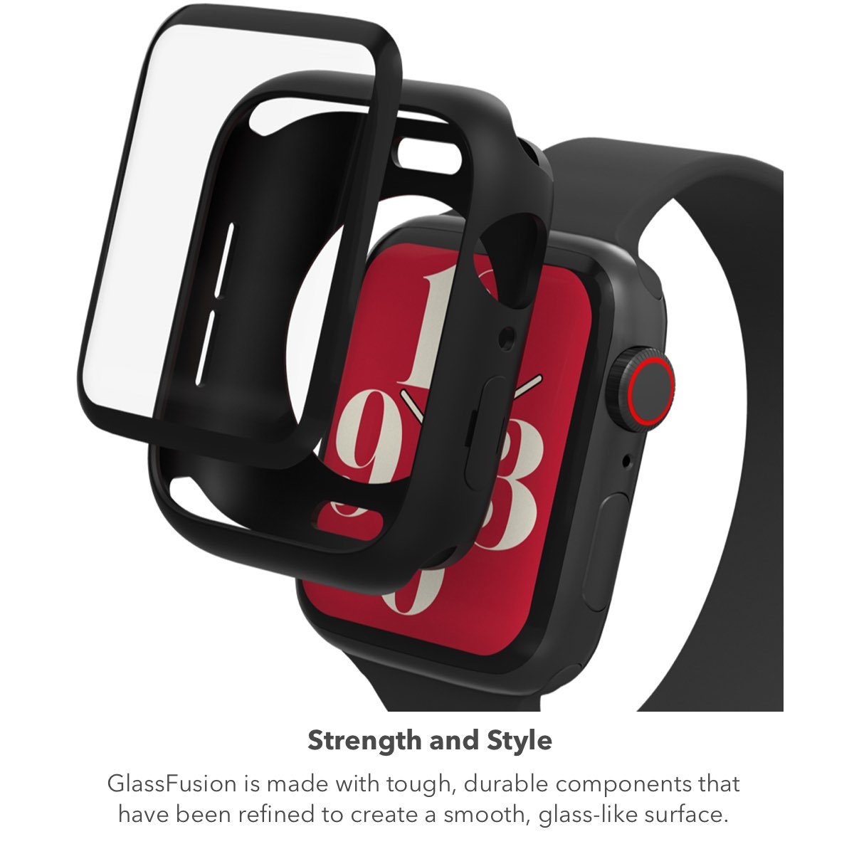 Close-up of a smartwatch with a protective screen and band, displaying a red background with white numbers, and black and red accents on the device.