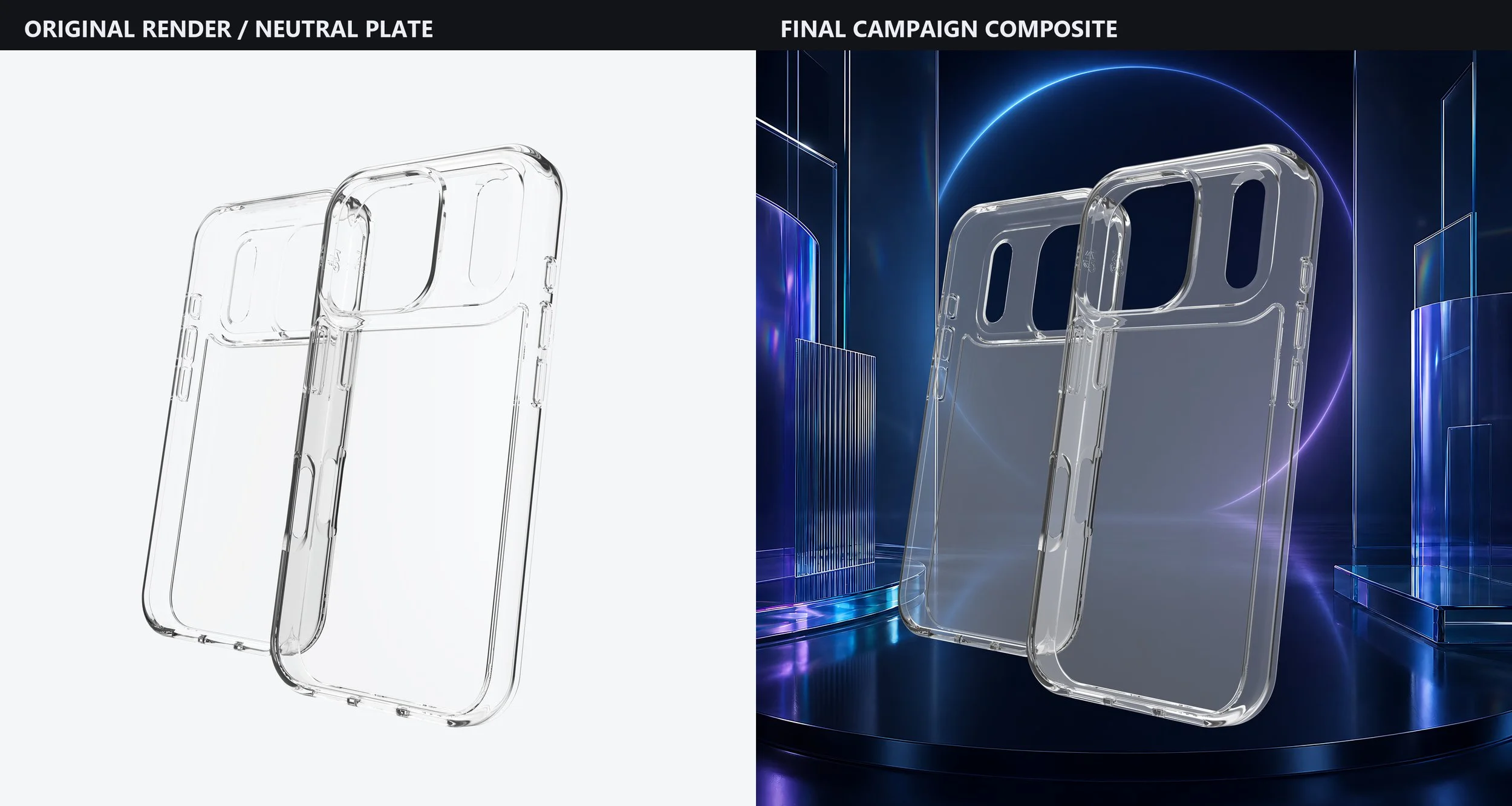 Crystal Palace Lite product render before and after campaign environment compositing