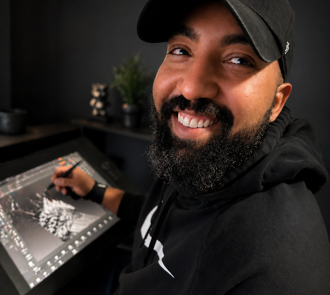 A smiling man with a beard wearing a black cap and hoodie working on a digital drawing tablet.