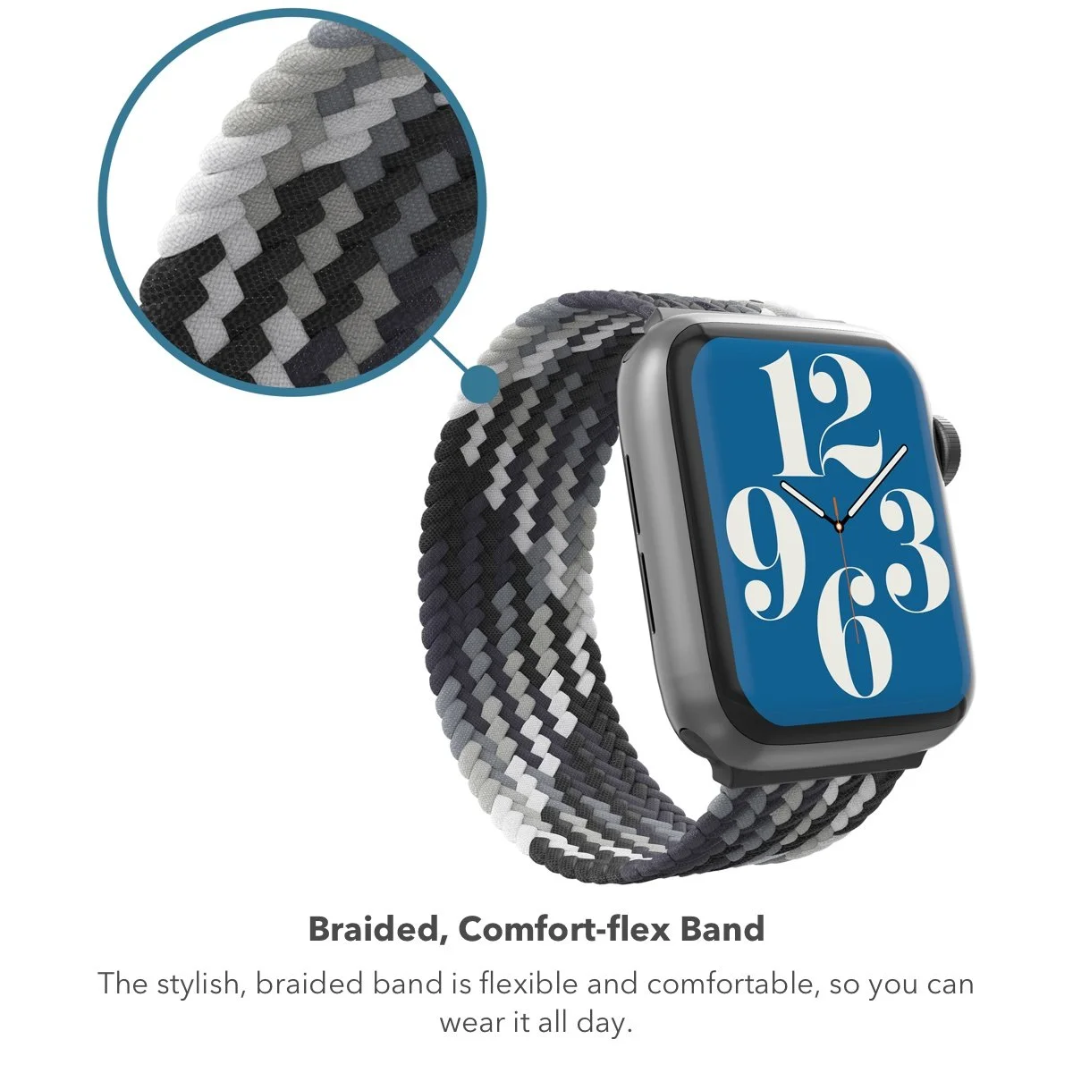 Close-up view of a woven braided watch band in black, gray, and white colors, attached to a smartwatch with a blue face displaying large white numbers and gold hands, highlighting the braided band's texture.