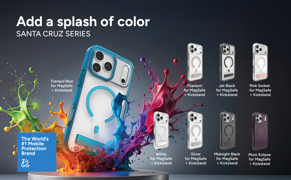 Image of various phone cases from the Santa Cruz Series, with colorful paint splashes in the background. Cases come in Tranquil Blue, Jet Black, Pink Sorbet, White, Silver, Midnight Black, and Plum Eclipse, all compatible with MagSafe and Kickstand.