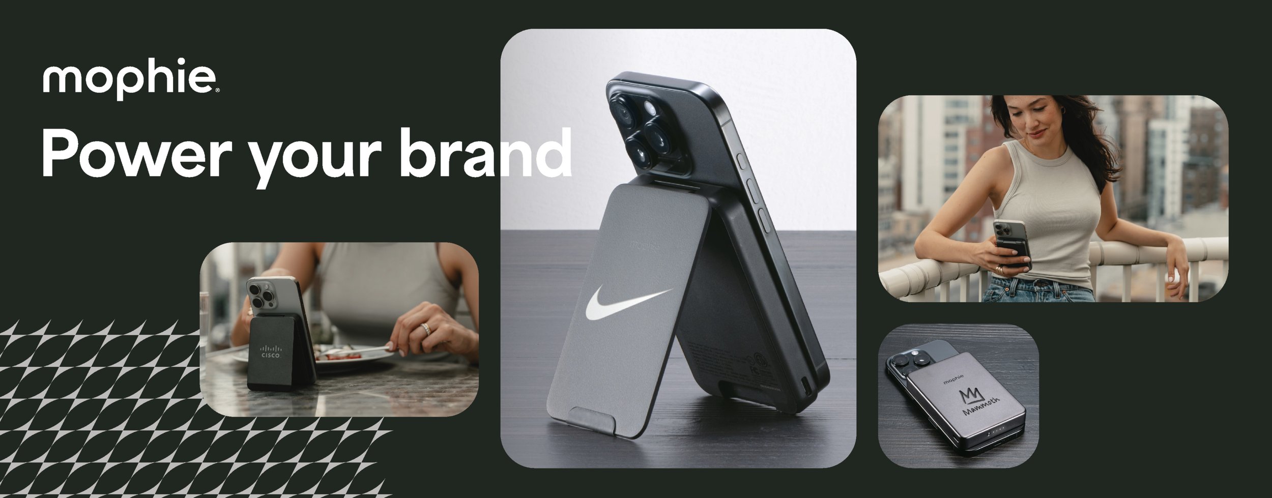 A promotional collage featuring Mophie phone accessories, including a wireless charging stand with a Nike logo, a portable power bank, and various images of people using smartphones in urban settings, with the tagline "Power your brand".