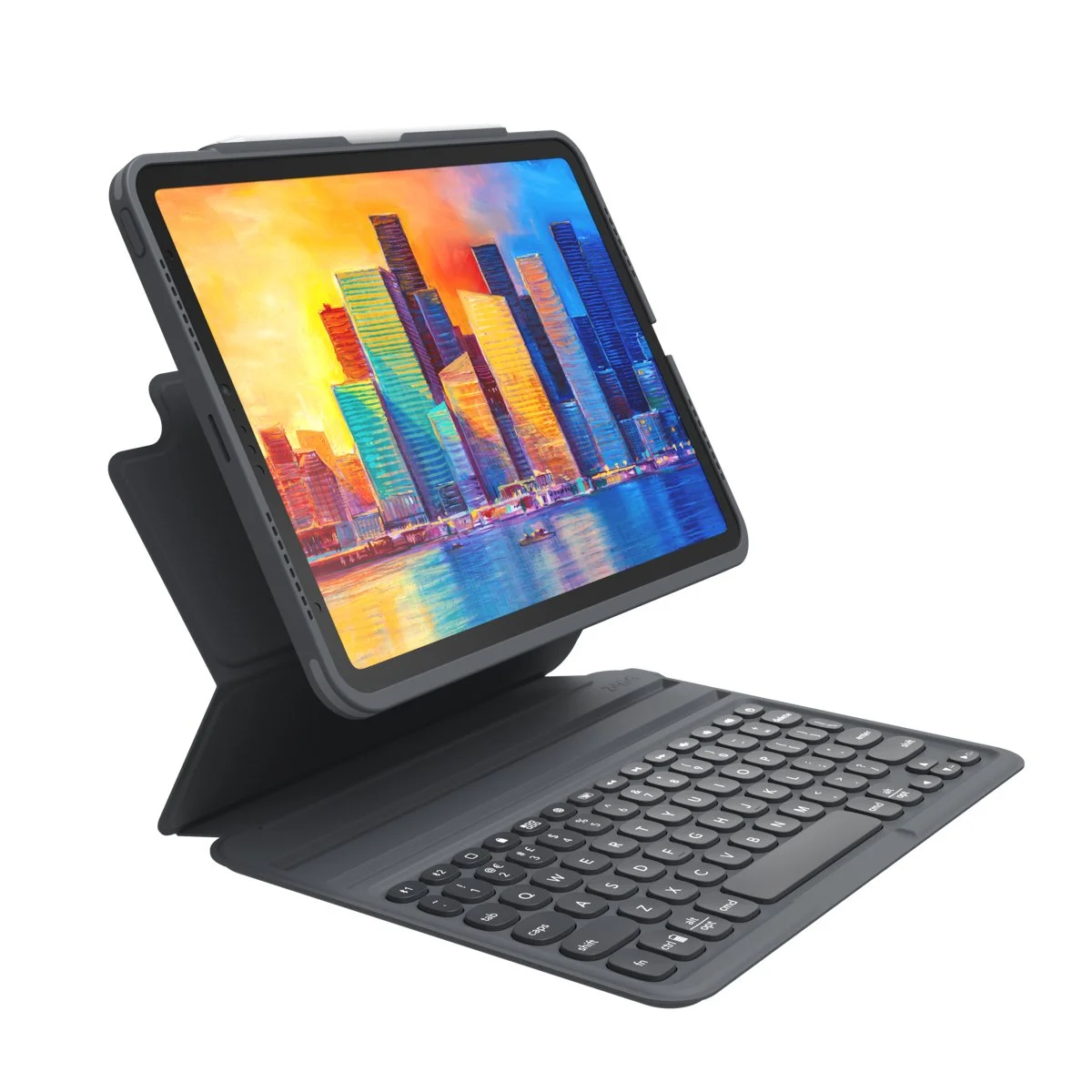 A tablet with a detachable keyboard displaying a colorful cityscape with skyscrapers and water reflection.