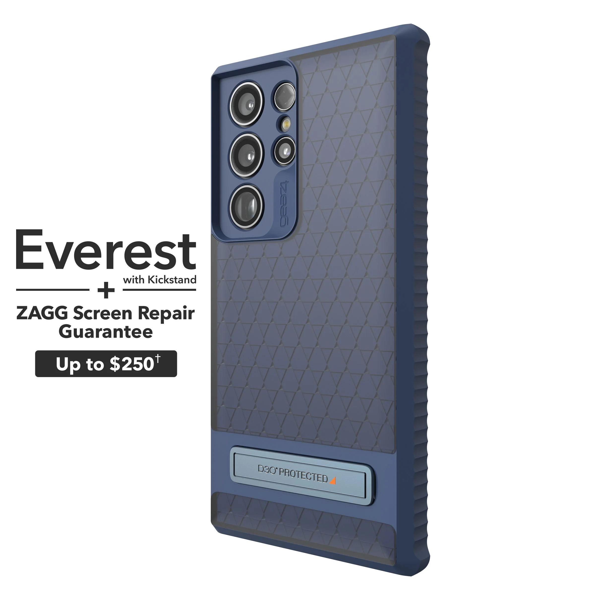 Close-up of a phone with a blue protective case, featuring multiple camera lenses and a patterned surface.