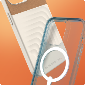 A clear protective phone case with a magnetic ring grip on an orange background, a white smartphone with a brown screen protector, and the contactless payment symbol.