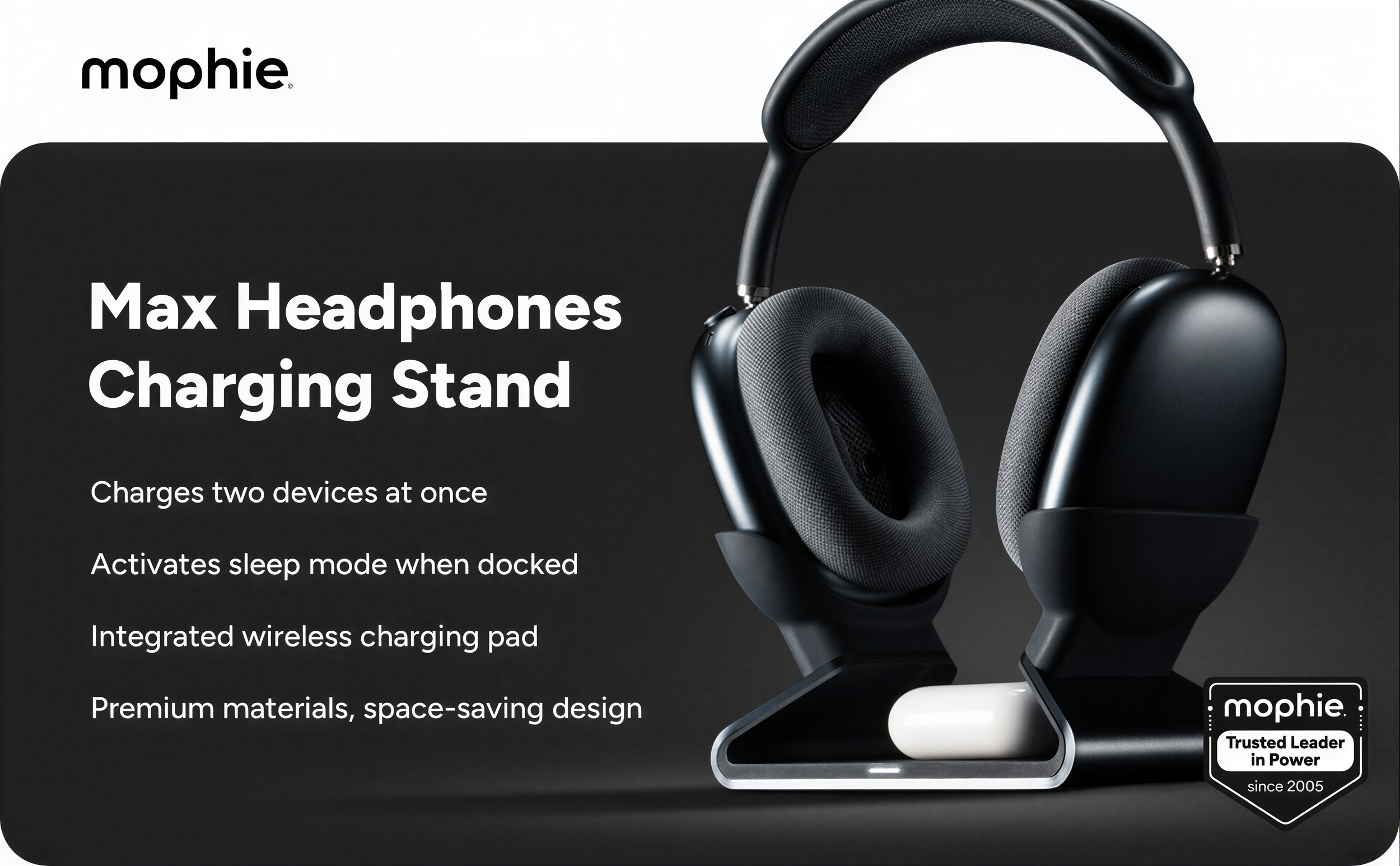 Packaging of a pair of black over-ear headphones with a charging stand from Mophie. Text highlights features like charging two devices at once and activating sleep mode when docked. The Mophie logo and a badge indicating the company is a trusted lead