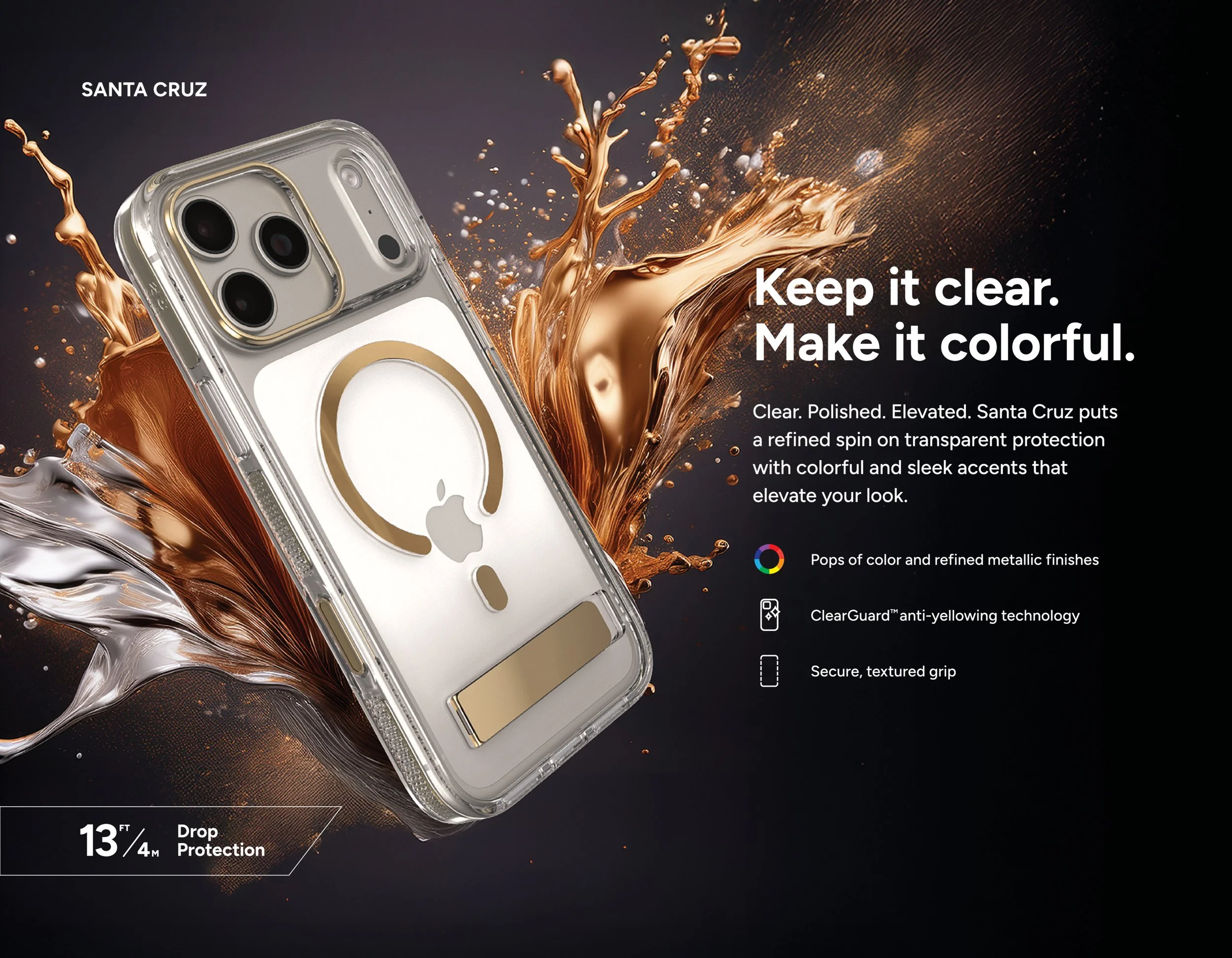 An iPhone with a clear protective case surrounded by splashes of a metallic liquid, with text promoting the case's features such as keeping the phone clear, colorful, polished, and protected. The background is dark, and the image highlights the case'