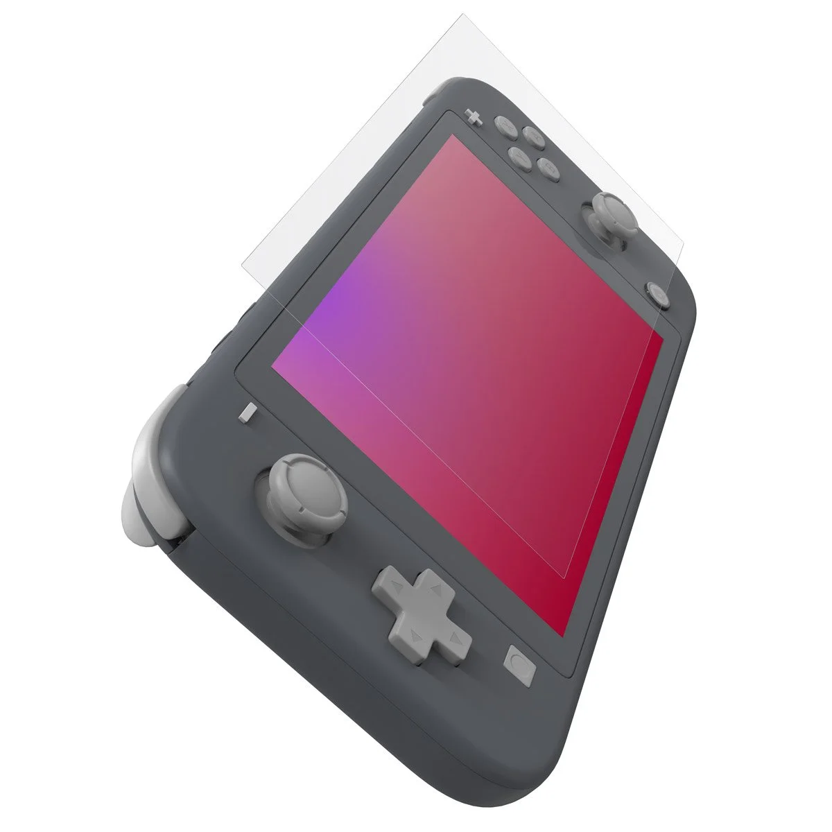 A handheld gaming console with a screen displaying a colorful gradient background, featuring various buttons and thumbsticks.