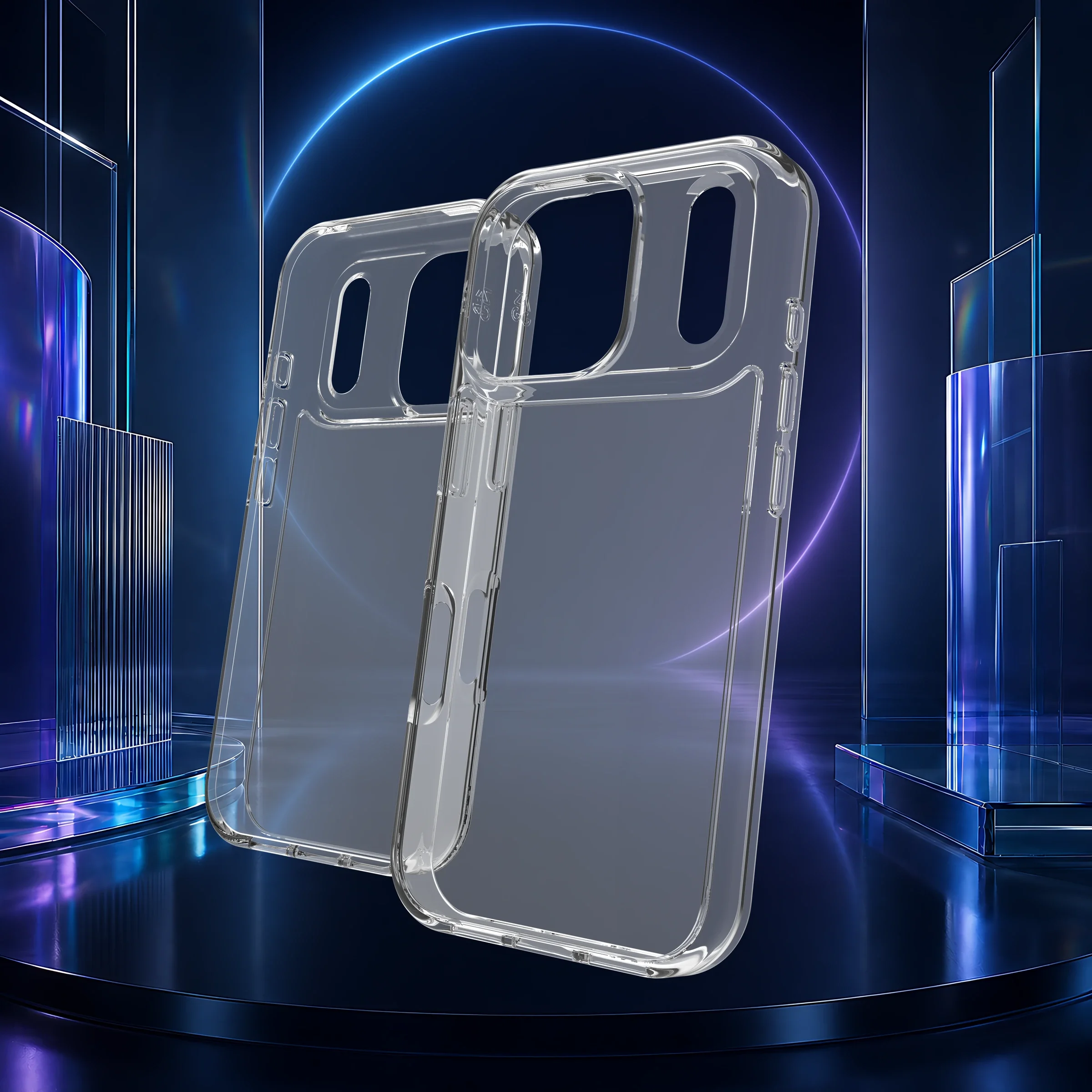 ZAGG Crystal Palace Lite clear phone case campaign in a midnight-blue glass studio