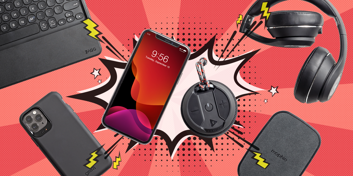 Digital devices including a smartphone, wireless headphones, portable speaker, power bank, iPhone, and a backlit keyboard, all emitting yellow lightning bolt symbols on a pop art background.