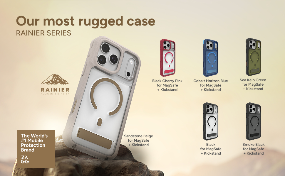 Display of rugged phone cases from Rainier's series, including Sandstone Beige, Black Cherry Pink, Cobalt Horizon Blue, Sea Kelp Green, Black, and Smoke Black, each designed for MagSafe and kickstand use.