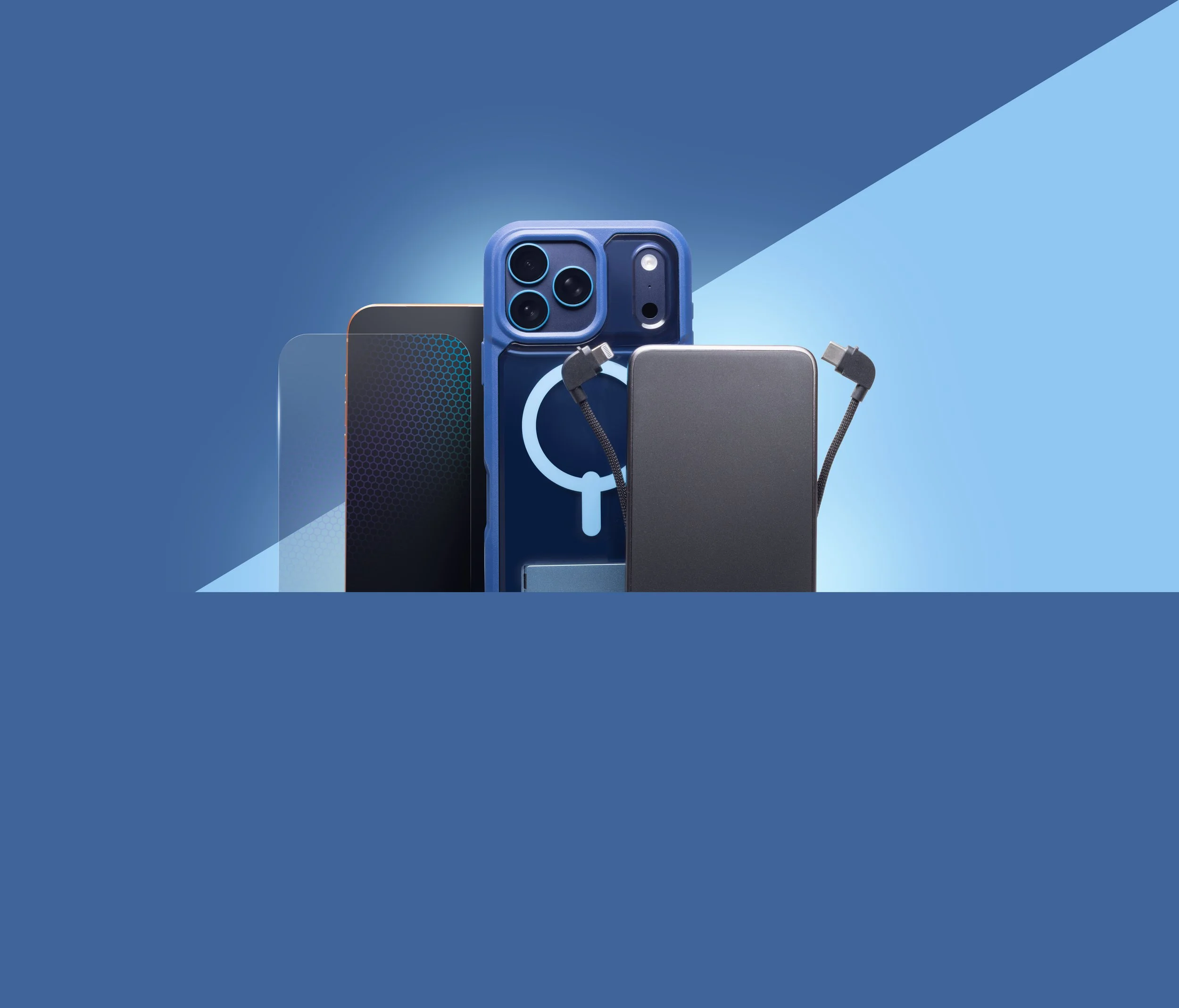 Various electronic devices and accessories, including a smartphone with a triple camera, a gray power bank, and a charger cable, arranged on a light blue background.