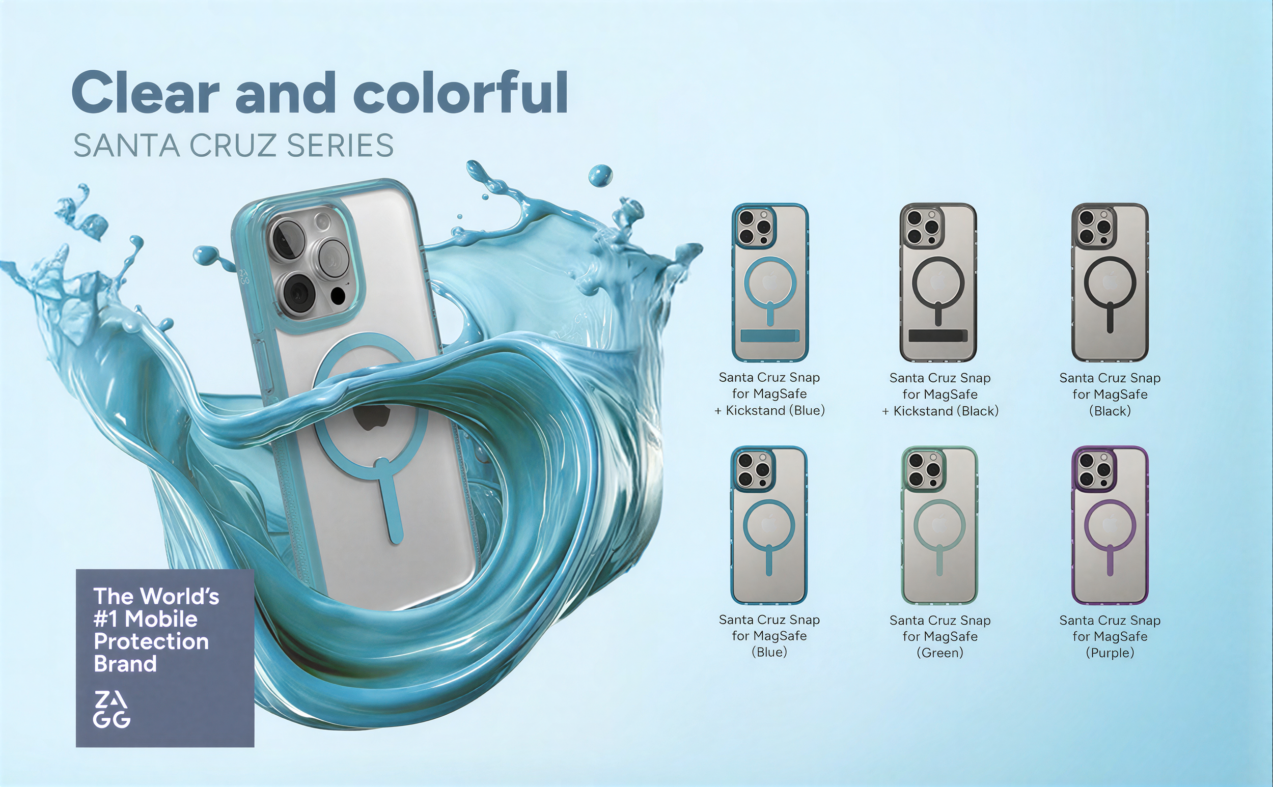 Image of the Santa Cruz Series of phone cases with various colors, including blue, black, green, purple, and gray, featuring a circular ring holder and kickstand on each case. The background is light blue with water splash effects and the headline re