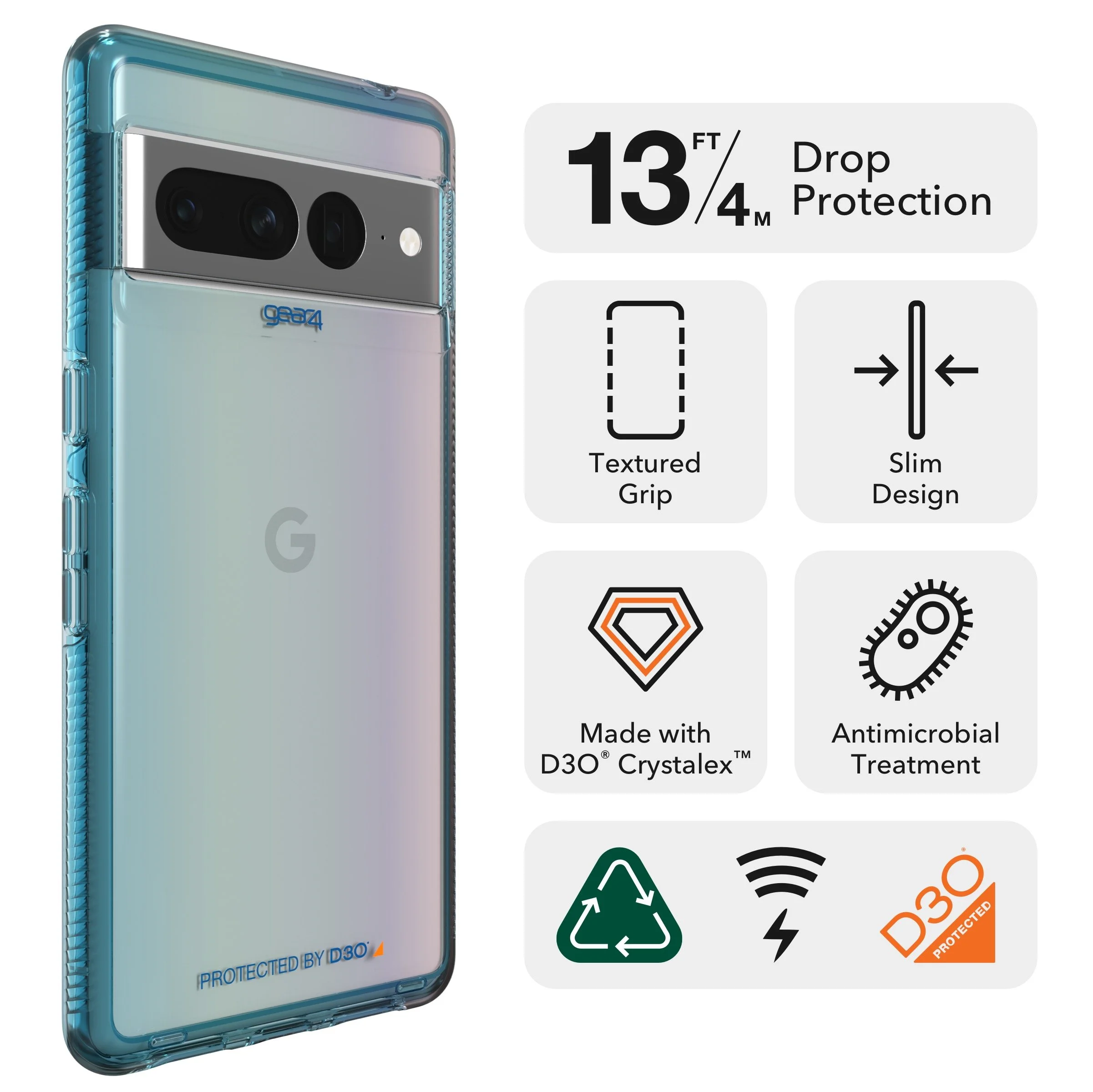 Close-up of a protective phone case with labels indicating features such as textured grip, slim design, drop protection of 13 feet or 4 meters, and antimicrobial treatment, with icons representing each feature.