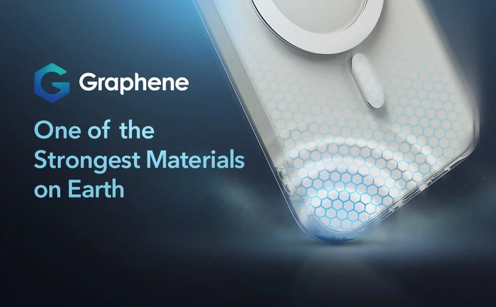 An illustration of a phone with a hexagonal pattern, alongside the text 'Graphene: One of the Strongest Materials on Earth'.