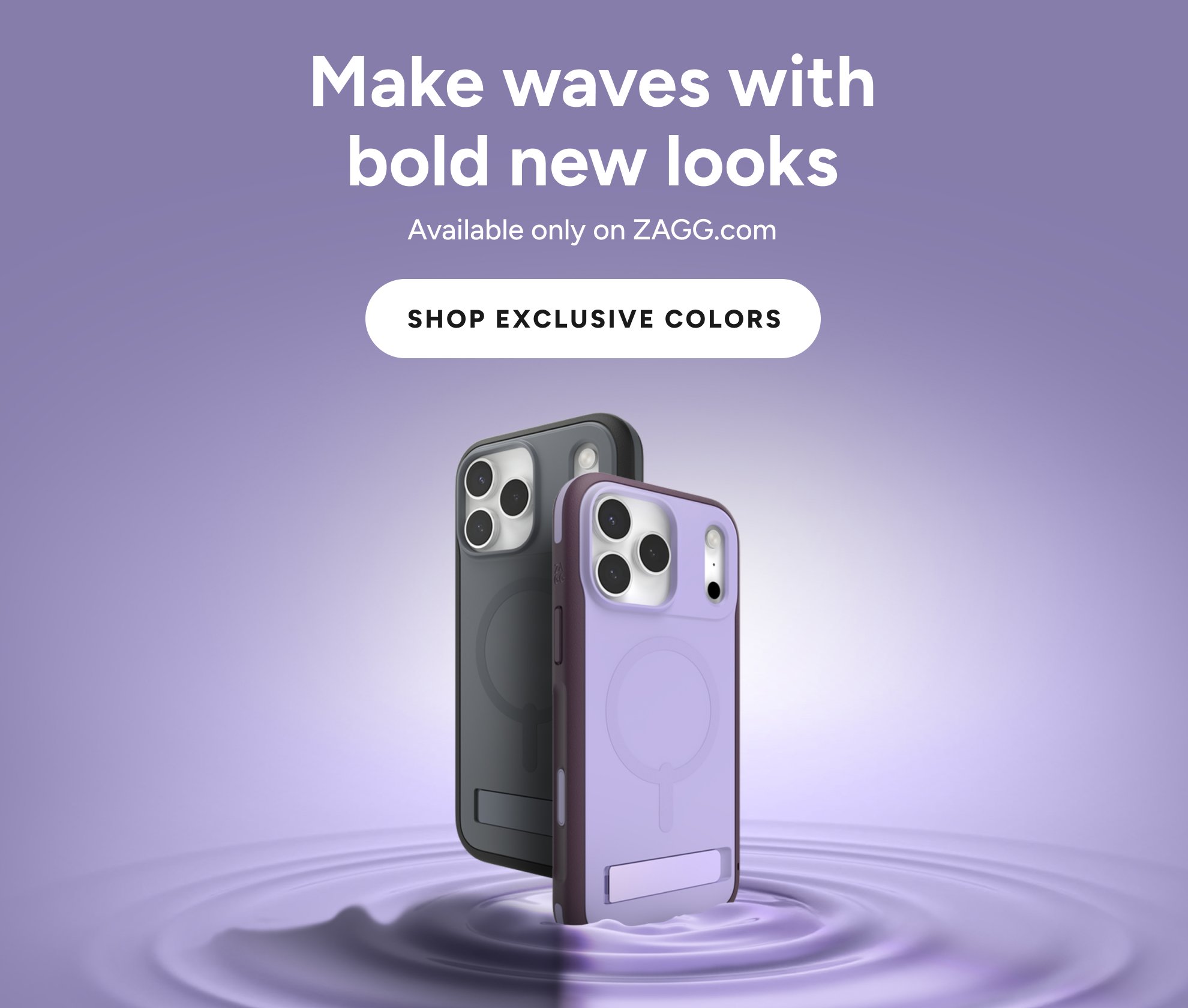 A promotional graphic for the iPhone 13 series featuring three phones in black, purple, and white, with large text encouraging bold new looks and a button to shop exclusive colors.