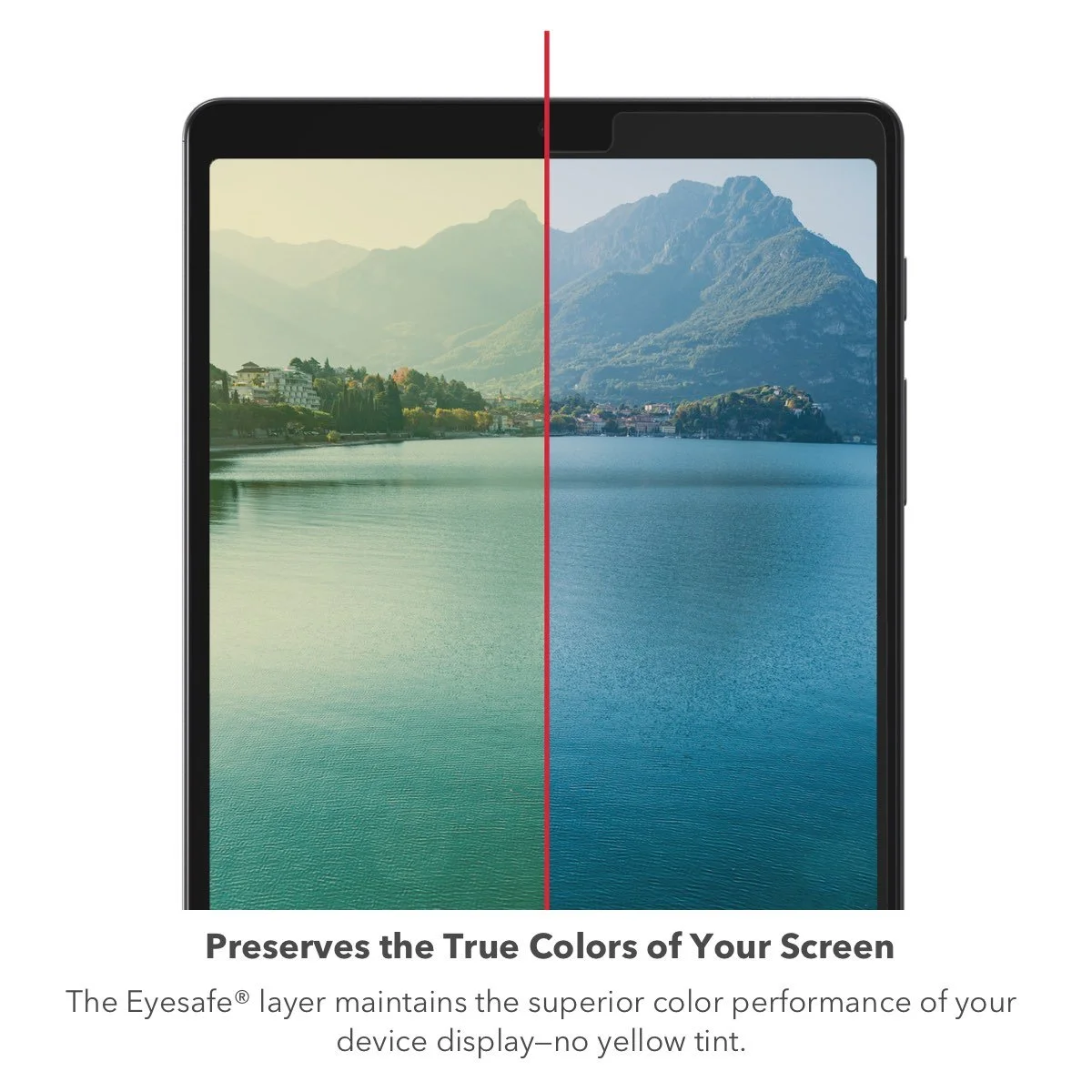 Comparison of a phone screen split in half, showing the difference in color accuracy with and without the Eyesafe layer, over a landscape background with mountains and water.
